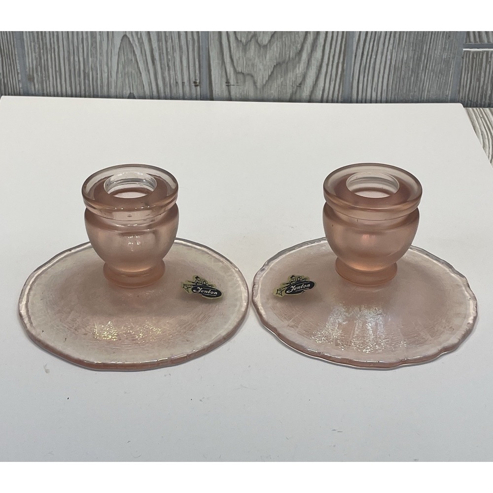 Vintage Fenton Pink Velva Rose Iridescent Glass Candlesticks Candle Holders